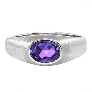 East-West Oval Cut Amethyst White Gold Pinky Ring For Men