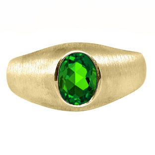 Yellow Gold Pinky Ring For Men Oval-Cut Emerald Gemstone