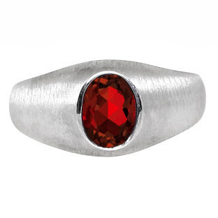 White Gold Pinky Ring For Men Oval-Cut Garnet Gemstone