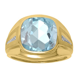 Diamond and Blue Aquamarine Men's Large Ring In Yellow Gold