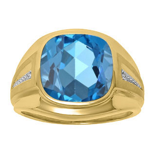 Diamond and Blue Topaz Men's Large Ring In Yellow Gold