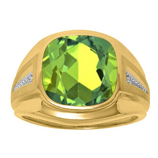 Diamond and Green Peridot Men's Large Ring In Yellow Gold