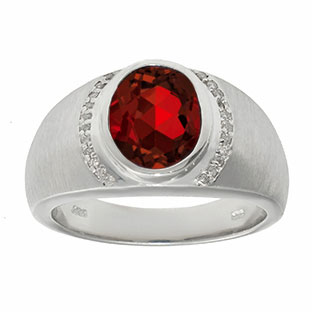 Men's Oval-Cut Garnet and Diamond Ring In White Gold