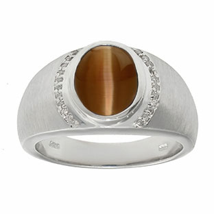 Men's Oval-Cut Brown Cat Eye and Diamond Ring In White Gold