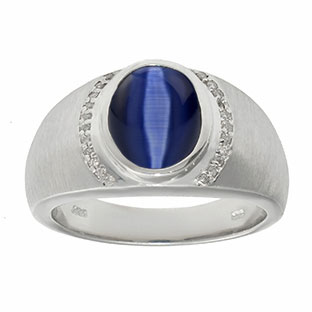 Men's Oval-Cut Blue Cat Eye and Diamond Ring In White Gold