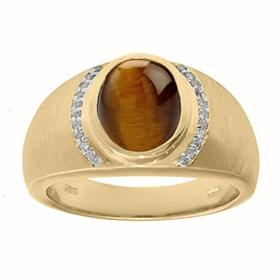 Men's Oval-Cut Tiger Eye and Diamond Ring In Yellow Gold