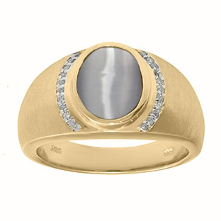 Men's Oval-Cut Light Grey Cat Eye and Diamond Ring In Yellow Gold