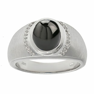 Men's Oval-Cut Black Star Sapphire and Diamond Ring In Sterling Silver