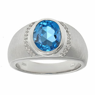 Men's Oval-Cut Blue Topaz and Diamond Ring In Sterling Silver
