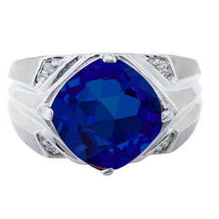 Sterling Silver Men's Large Sapphire and Diamond Ring