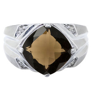 Sterling Silver Men's Large Smoky Quartz and Diamond Ring