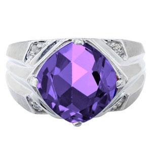 Sterling Silver Men's Large Amethyst and Diamond Ring