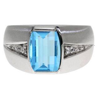 Custom Made Men's Barrel Cut Blue Topaz Gemstone Diamond Ring In Silver