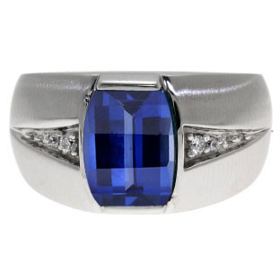 Custom Made Men's Barrel Cut Sapphire Gemstone Diamond Ring In Silver