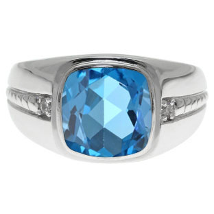 Cushion-Cut Blue Topaz Gemstone and Diamond Men's Ring In Sterling Silver