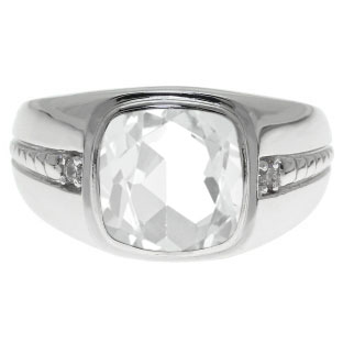 Cushion-Cut White Topaz Gemstone and Diamond Men's Ring In Sterling Silver