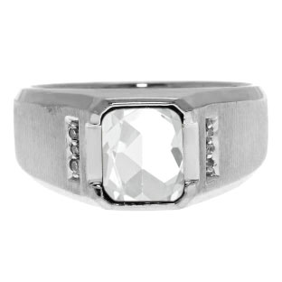 Diamond and Emerald Cut White Topaz Gemstone Men's Ring In Sterling Silver