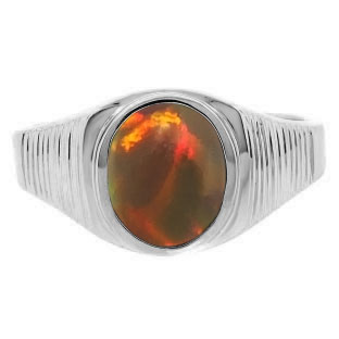 Men's Oval-Cut Black Opal Gemstone Simple White Gold Ring