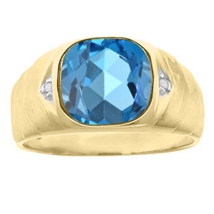 Men's Diamond Antique Cut Blue Topaz Ring In Yellow Gold
