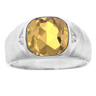 Men's Diamond Antique Cut Citrine Ring In White Gold