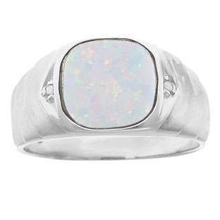 Men's Diamond Antique Cut Opal Ring In White Gold