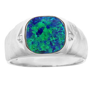 Men's Diamond Antique Cut Australian Opal Ring In Sterling Silver