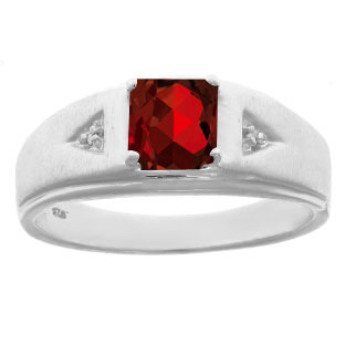 Diamond and Princess Cut Garnet Mens Ring In Sterling Silver