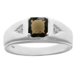 Diamond and Princess Cut Smoky Quartz Mens Ring In Sterling Silver