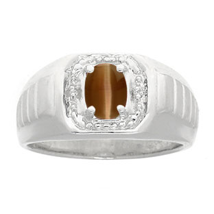 Diamond and Sterling Silver Men's Brown Cat Eye Ring