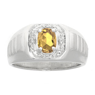 Diamond and Sterling Silver Men's Citrine Ring