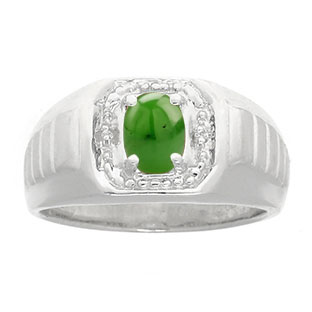 Diamond and Sterling Silver Men's Green Jade Ring