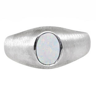 Sterling Silver Pinky Ring For Men Oval-Cut White Opal Gemstone