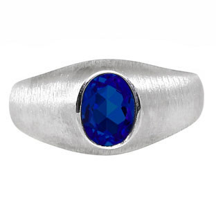 Sterling Silver Pinky Ring For Men Oval-Cut Sapphire Gemstone