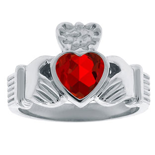 Ruby Birthstone Heart Irish Claddagh Symbol Men's Wedding Ring In Silver