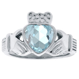Aquamarine Birthstone Heart Irish Claddagh Symbol Wedding Ring In Silver