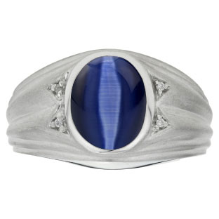 Oval Cut Blue Cat Eye Birthstone Diamond Men's Ring In Sterling Silver