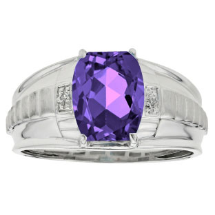 Cushion Cut Amethyst Gemstone Diamond Men's Ring In Silver