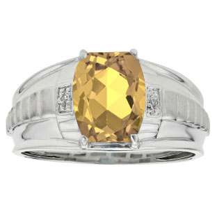 Cushion Cut Citrine Gemstone Diamond Men's Ring In Silver