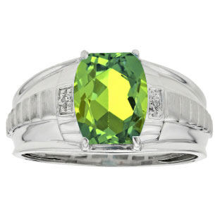 Cushion Cut Peridot Gemstone Diamond Men's Ring In Silver