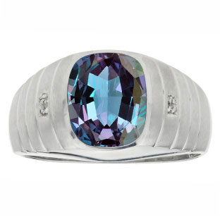 Diamond Cushion Cut Alexandrite Gemstone Men's Ring In Silver By Gemologica