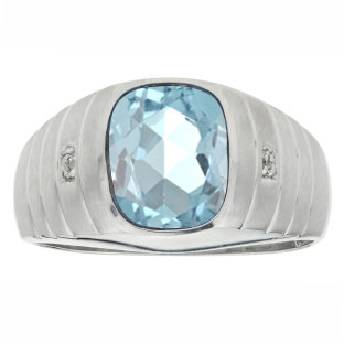 Diamond Cushion Cut Aquamarine Gemstone Men's Ring In Sterling Silver