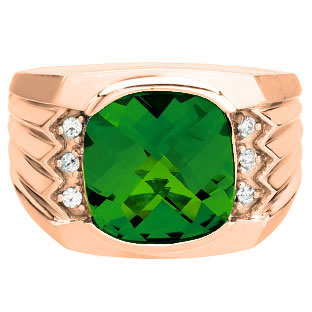 Large Men's Cushion Cut Emerald Diamond Rose Gold Ring