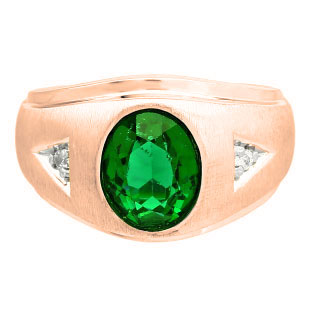 Diamond and Oval Emerald Gemstone Men's Rose Gold Ring