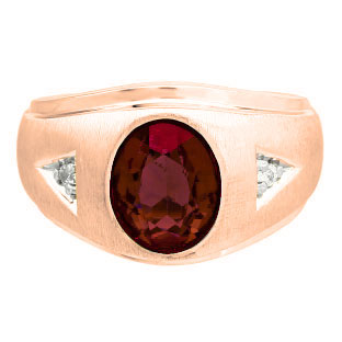 Diamond and Oval Garnet Gemstone Men's Rose Gold Ring