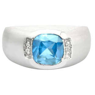 Men's White Gold Antique Cushion Cut Blue Topaz Diamond Ring