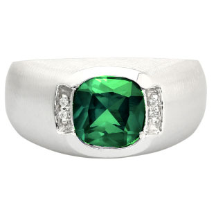 Men's White Gold Antique Cushion Cut Emerald Diamond Ring