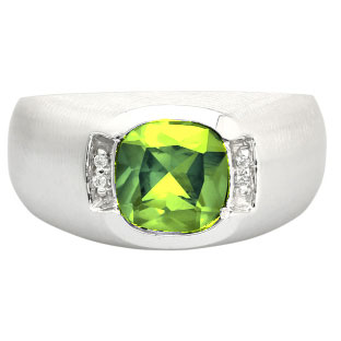 Men's White Gold Antique Cushion Cut Peridot Diamond Ring
