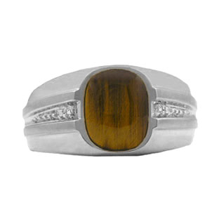 Tiger Eye Rings - Men's Diamond and Tiger Eye White Gold Ring
