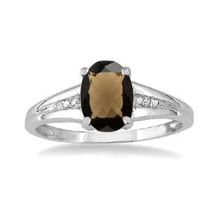 White Gold Oval Cut Natural Smoky Quartz Diamond Ring