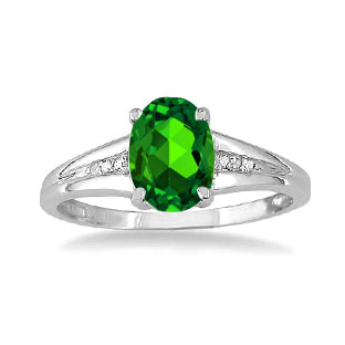 Sterling Silver Oval Cut Emerald Diamond Ring